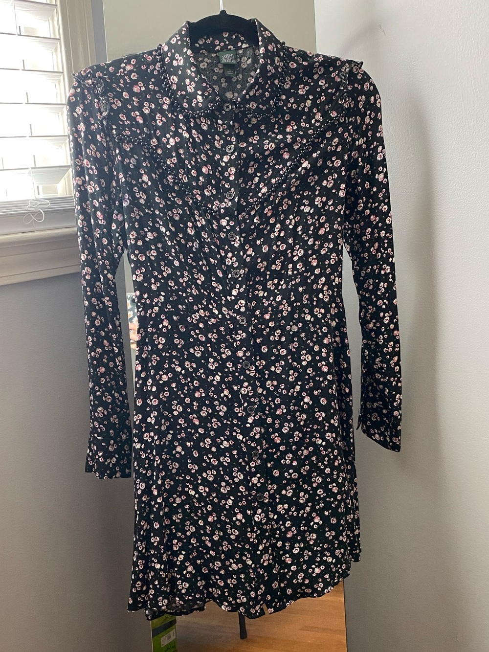 Western wear: Long Sleeve Black Floral Button-Front Dress